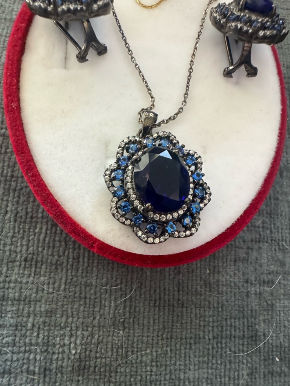 Blue Crystal Floral Pendant Necklace and Clip-On Earrings Set - Picture 2 of 4